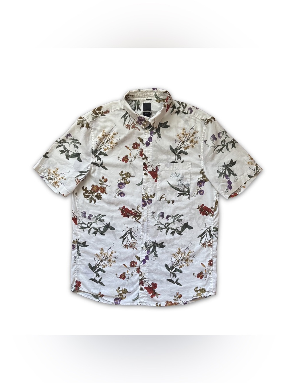 Retired H&M Mens M Button Down White T-Shirt W/Floral Flower All Over Print